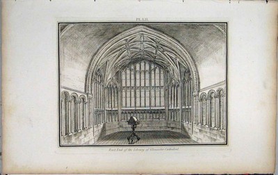 Original alter antiker Druck 1801 East End Library Gloucester Cathedral Lysons