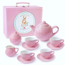 14-Piece Porcelain Tea Set for Kids - Teapot, Cups, Saucers, Creamer, Sugar Bowl
