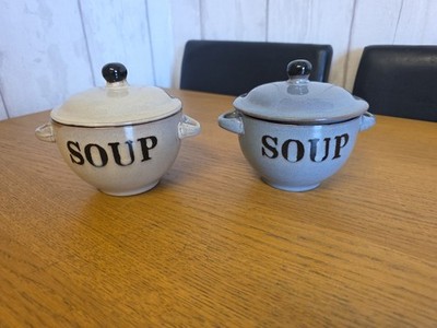 2 Suppenschalen Keramik Landhausstil beige & grau mit Deckel