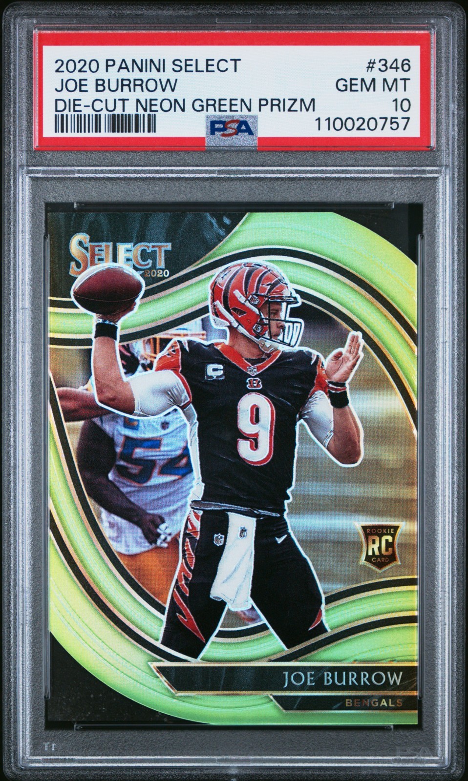 Joe Burrow - 2020 Select Field Level Die-Cut Neon Green RC #346 Rookie - PSA 10