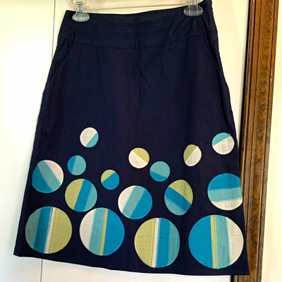 Boden Women's Navy Geometric Circle Appliqué A-Line Knee Skirt Lined Zip sz 8