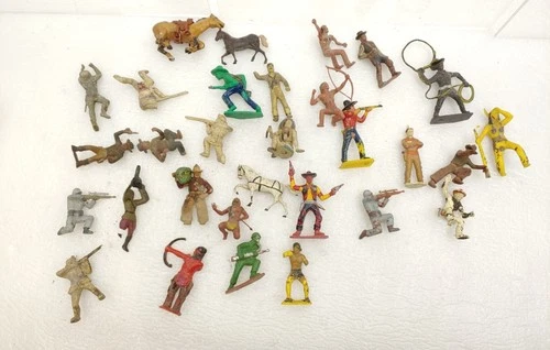 29 Marx & Tim Mee Toys Plastic Figures Cowboys, Indians And Horses
