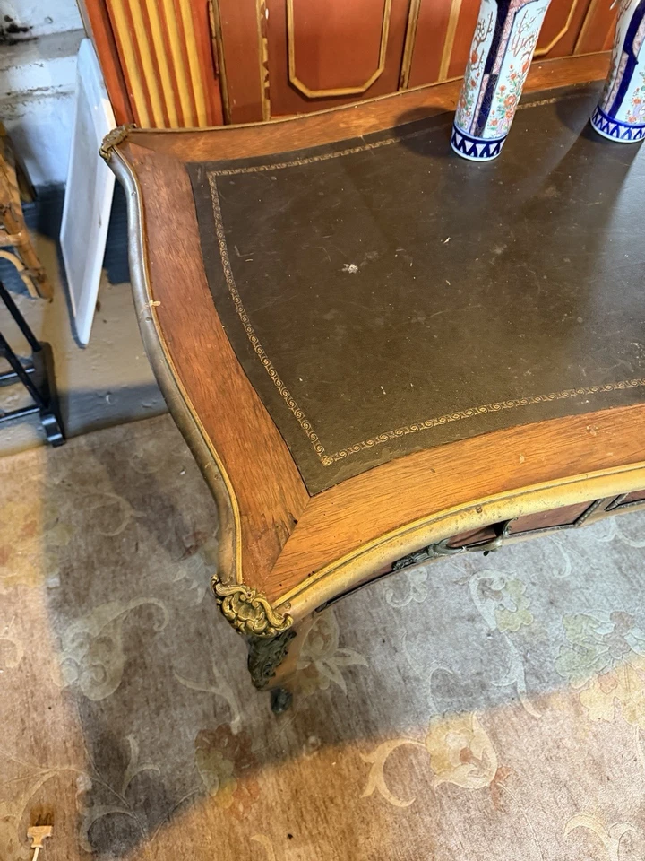 Antique French Louis XV Style Bronze Mounted Leather Top Three Drawer Desk - Image 4 of 4