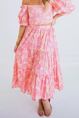 Karlie Maxi Skirt Floral Pink Tiered Summer Poplin Cottage Brunch Resort Cruise