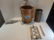  Vtg Mountain Ice Cream Freezer, Maker Hand Crank Wooden Bucket 6 Qt Blue Lable