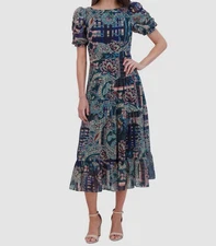 Vince Camuto Women's Green Chiffon Printed Boatneck Puff Sleeve Dress Size 10