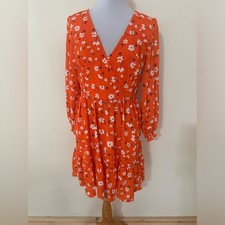 Eliza J orange red floral long sleeve surplice neckline mini dress NEW 