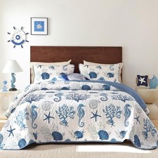 Coastal Quilt Set Size 3 Pcs, Summer Blue Beach Theme Quilts with Queen Blue2
