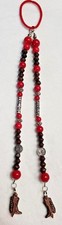 Red Glass, Brown Wood Silver Metal Bead Hair Tie Handmade