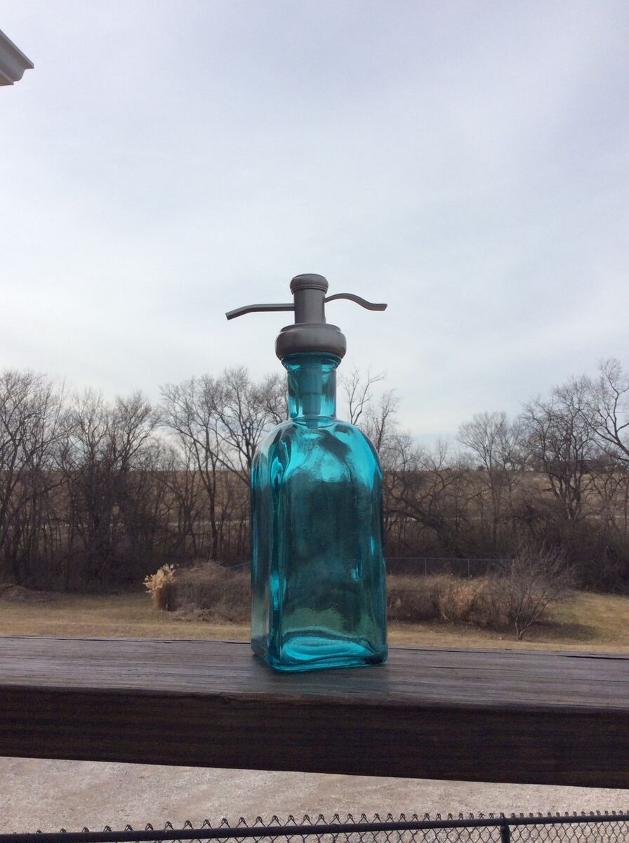 16 Oz Blue Glass Soap Pump Dispenser Bronze Square Silver farm