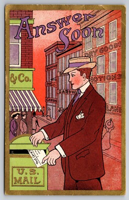 Answer Soon Man Putting Post Card in US Mail Box 1910 Postcard