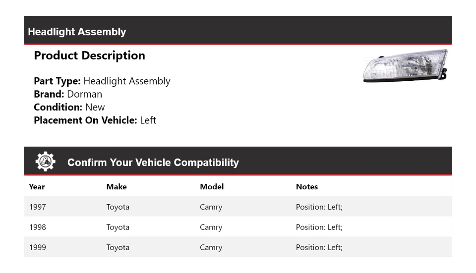 Левая фара в сборе 1998 для Toyota Camry Dorman 1997-1999 годов выпуска - Изображение 2 из 4