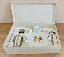 Antico Cofanetto Naissance Piatto Cotta Porcellana Metallo Argento Motivo Lapin