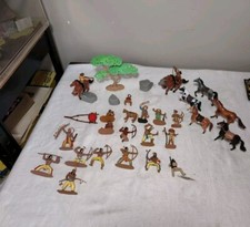 Safari Ltd Cowboys  Indians Annie Oakley Toys Lot Trees Rocks Horses Tee Pee