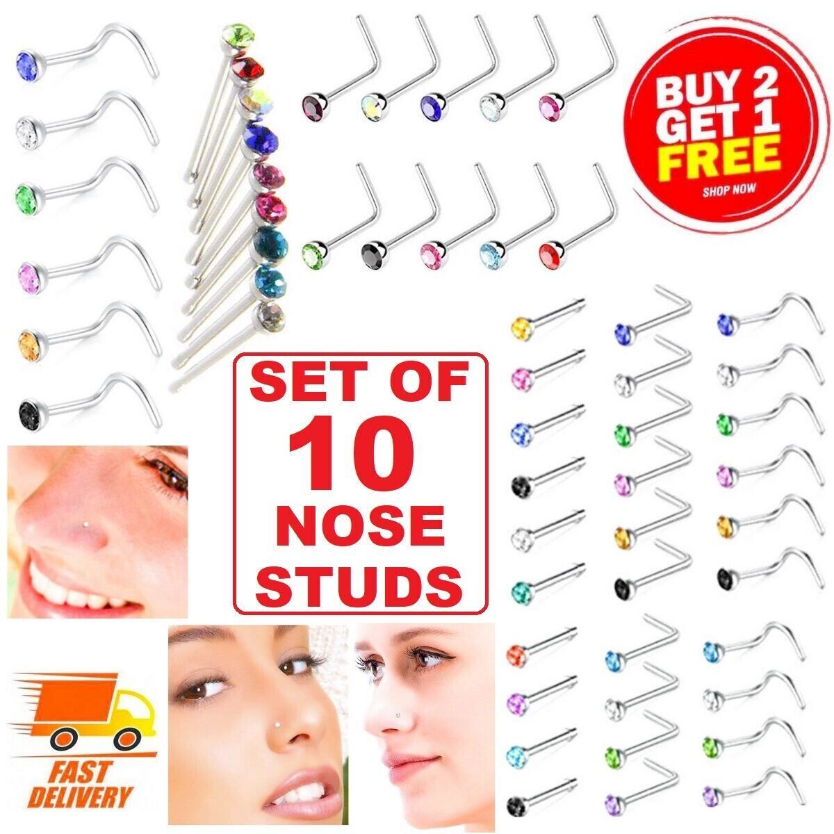10x Nose Studs Set I L Screw Shape Silver Ball End Gold Clear Pin Surgical Steel