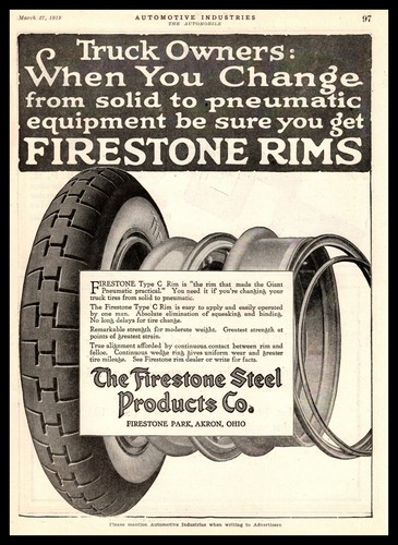 1919 The Firestone Steel Products Co Tire Wheel Rims Akron Ohio Vintage Print Ad