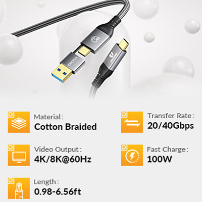 1m - 2m USB 4/3.2 Kabel Typ C Stecker auf USB Typ A/C Datenkabel Thunderbolt 3/4