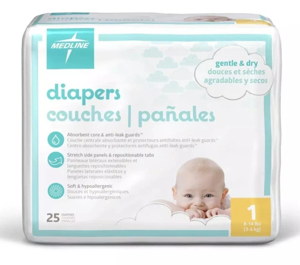 3 Packs Of 25 Count Size 1 Medline Disposable Baby Diapers
