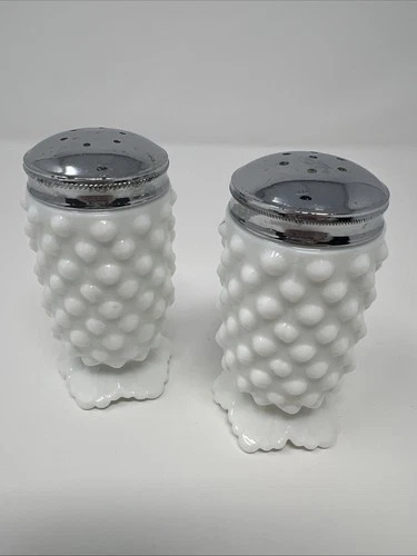 Vintage Fenton Hobnail White MCM Milk Glass Salt & Pepper Shakers Footed