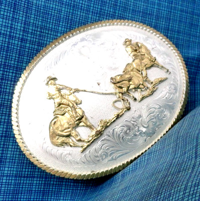 Large Team Roping Belt Buckle Rodeo Cowboy Vtg Montana Silversmiths      .GMP809