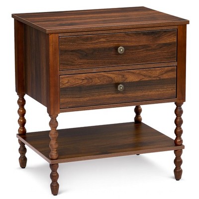 Solid Wood Side Table with Spindle Legs Nightstand with 2 Drawers & Open Shelf