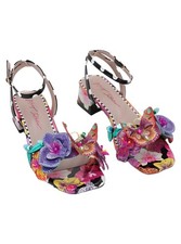 Betsey Johnson Maranda Black Multi Floral Butterfly Applique Block Heel Sz 6.5M