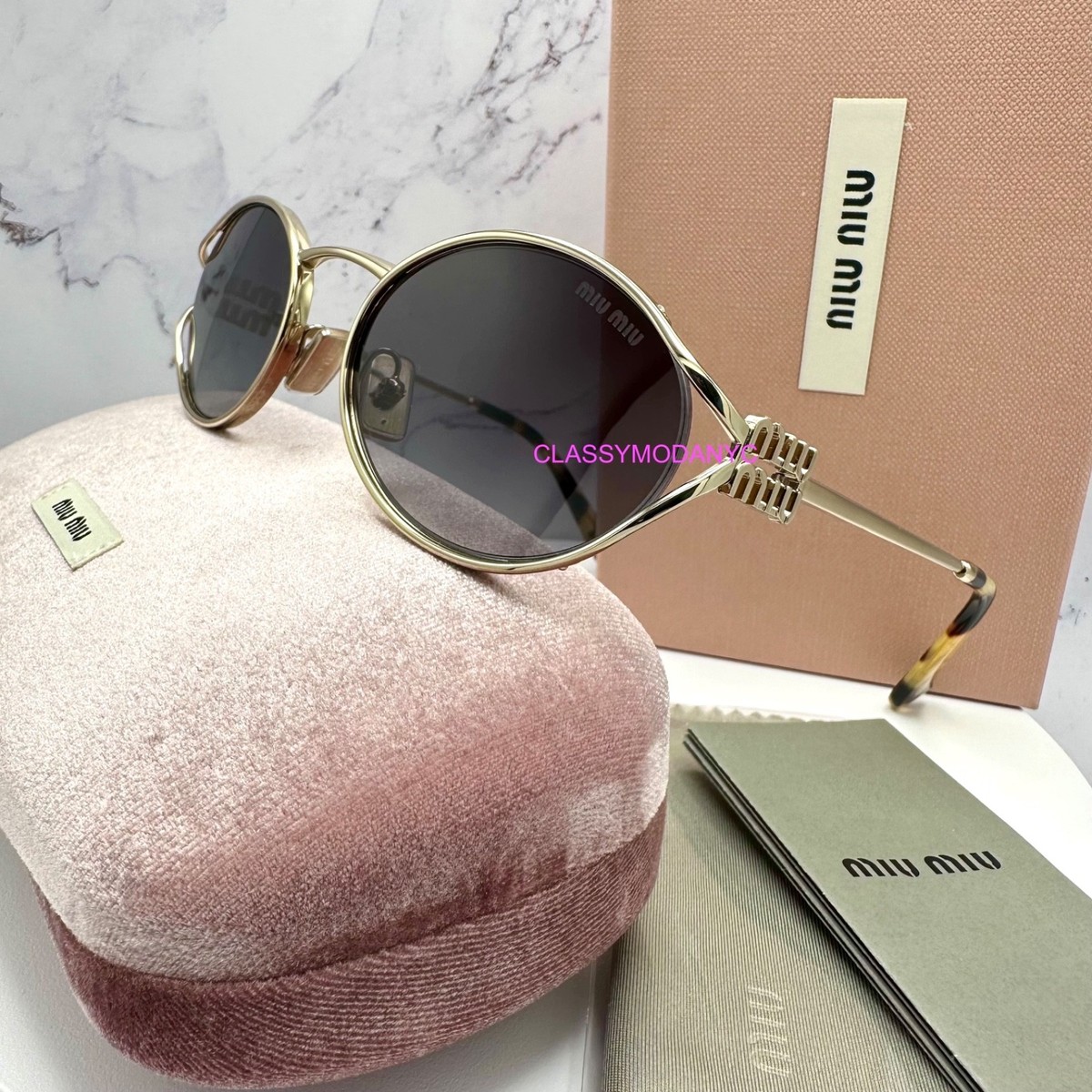 MIU MIU Sunglasses Gold Metal NIB Frame Oval 100% Authentic