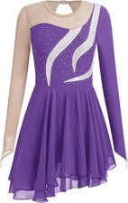Ice Skating Dress for Women Long Sleeve Figure Costume Small, Purple