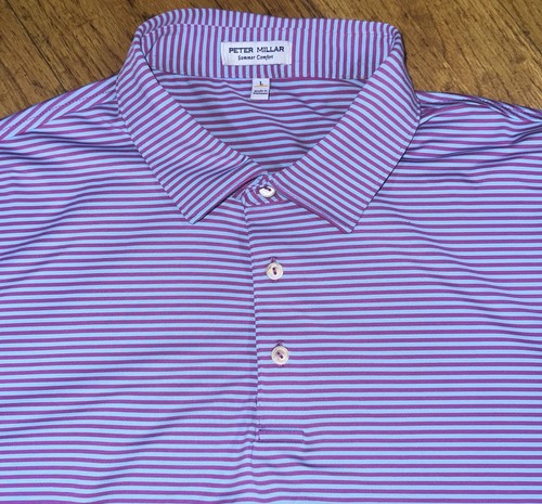 Peter Millar Mens Large Golf Polo Shirt Summer Comfort Purple Blue Striped