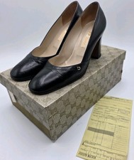 Vintage Gucci Pumps Heels 5.5 Orig. BOX RECEIPT 35.5 Black Leather Gold G Logo