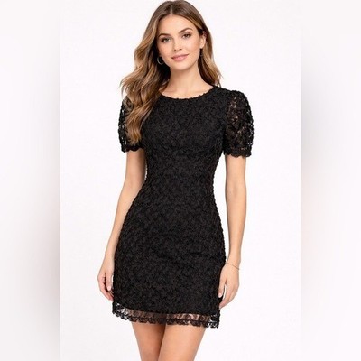Lulus Elegant Black 3D Floral Lace Mini Puff Sleeve Cocktail Party Dress SZ-S
