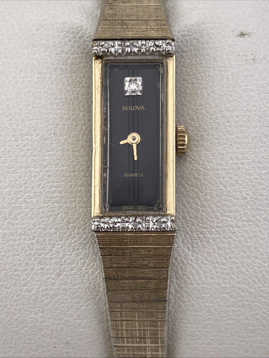 Vtg 1981 Bulova Ladies 11mm Watch Gold Tone Black Tank Dial  display picture 3