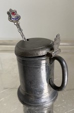 Senftöpfchen Engand Jugendstil antik Zinn Pewter blauer Glaseinsatz & Löffel