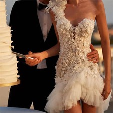 Luxury Mini Short Fit Princess Wedding Dres Decal Beaded Sexy Vneck One-shoulder
