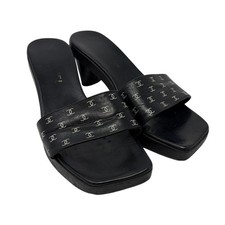CHANEL Vintage CC Logo Open Toe Sandals Mule Heels 36 Black White Leather