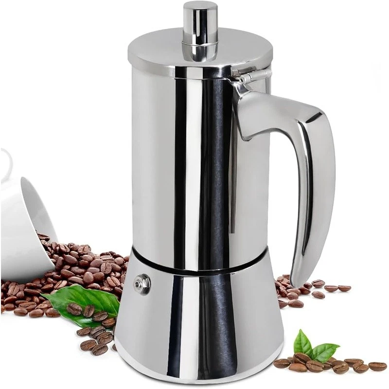 Polished Stainless Steel Moka Pot Easy Clean Induction Coffee Maker Heat Safe US