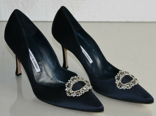 NEW MANOLO BLAHNIK Navy Blue Satin 
