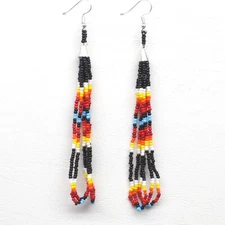 Handmade beaded Black Fire long hook earrings