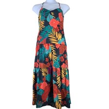 Medium Maxi Dress Bold Multicolor Floral Print Strappy Side Zip