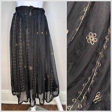 Vtg 1990s Indian Black Maxi Skirt Gold Metallic Embroidery Andrew Sport 90s Boho