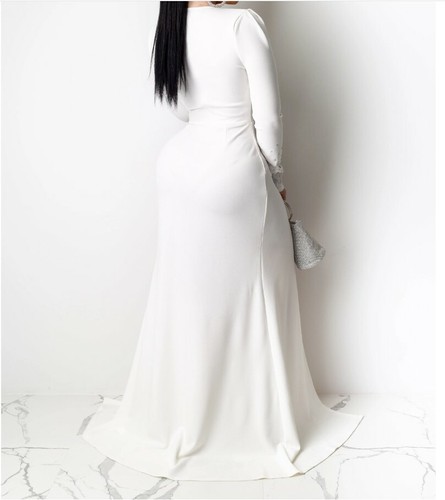 black crepe long sleeve open back fishtail maxi dress