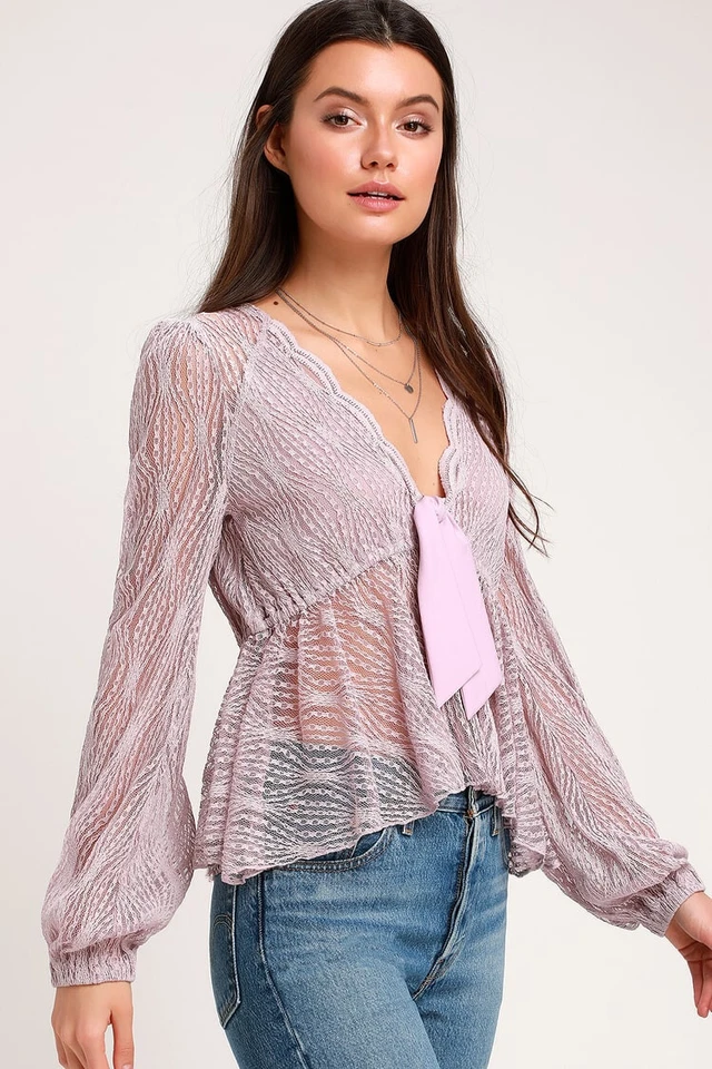 NUEVO SIN ETIQUETAS $128 Free People Luisa Lavanda Encaje Manga Larga Babydoll Festoneado Top XS