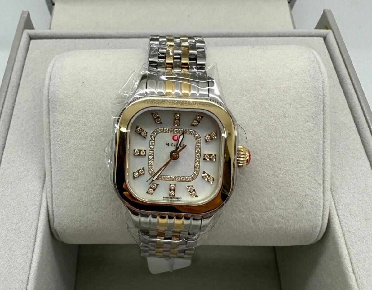 New Michele Meggie Two Tone 18K Gold Plated Diamond Dial Watch