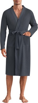 Mens Robes Lightweight Waffle Knit Spa Bathrobe Soft Kimono Shower Robe V Neck