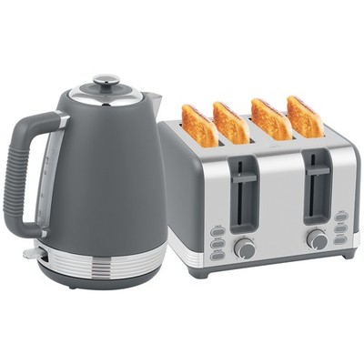 HOMCOM 1.7L 3000W Schnellkocht-Wasserkocher und 4-Scheiben-Toaster-Set Krümelblech grau