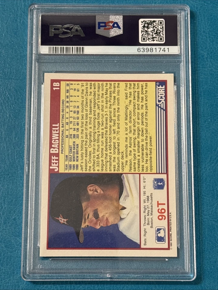 1991 SCORE TRADED MLB BASEBALL CARD #96T JEFF BAGWELL ROOKIE RC PSA 10 GEM MINT - Image 3 of 3