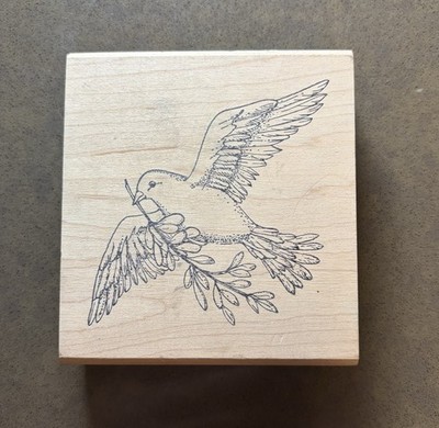 Hippo Heart Rubber Stamp Dove Bird Wood Mounted Olive Branch Nature Wildlife