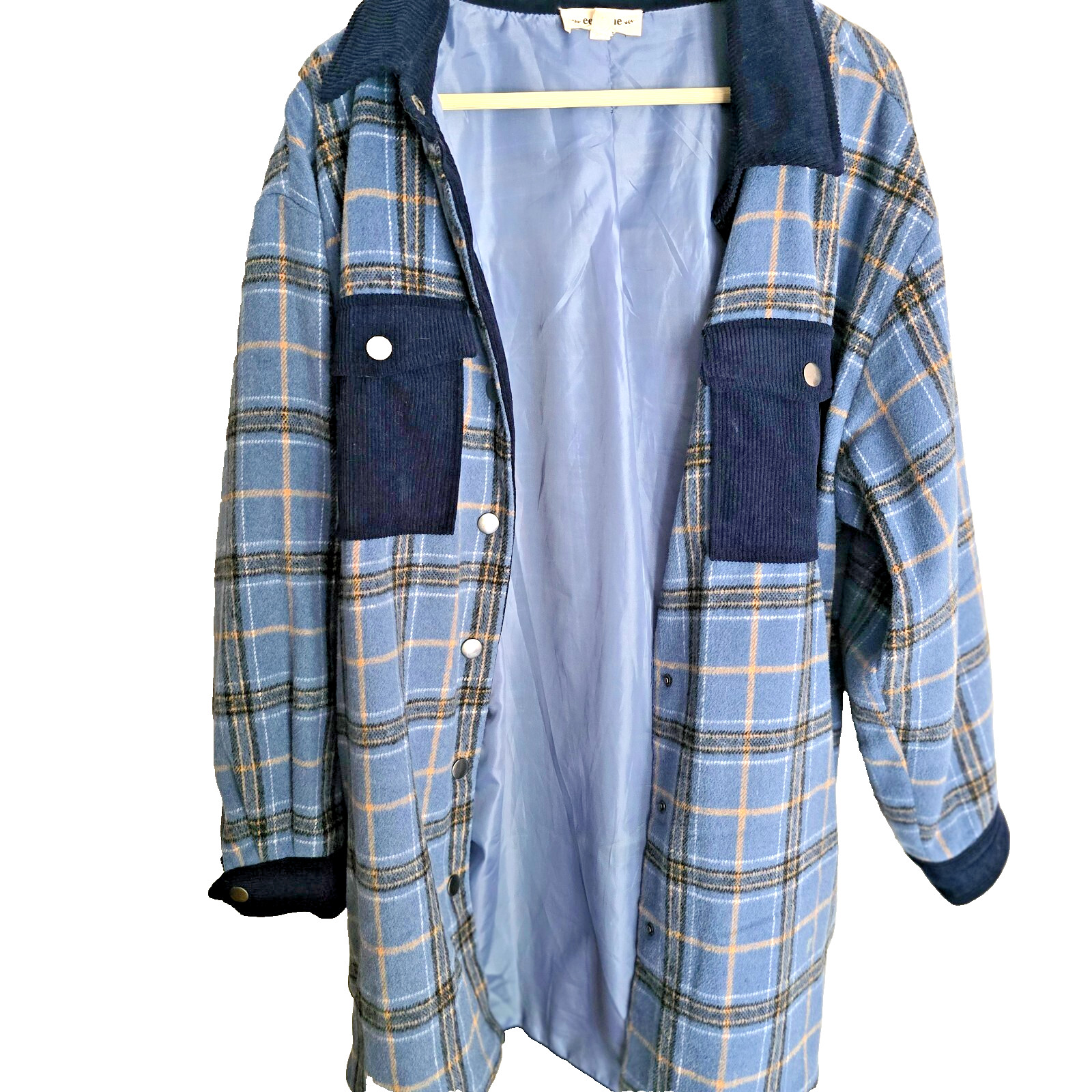 Oversized shacket, jacket plaid blue solid pocket… - image 3