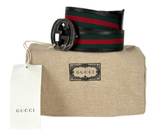 Gucci Auth Web Belt 85 cm 34 in Silver GG Red Green Fabric Brown Leather Runway