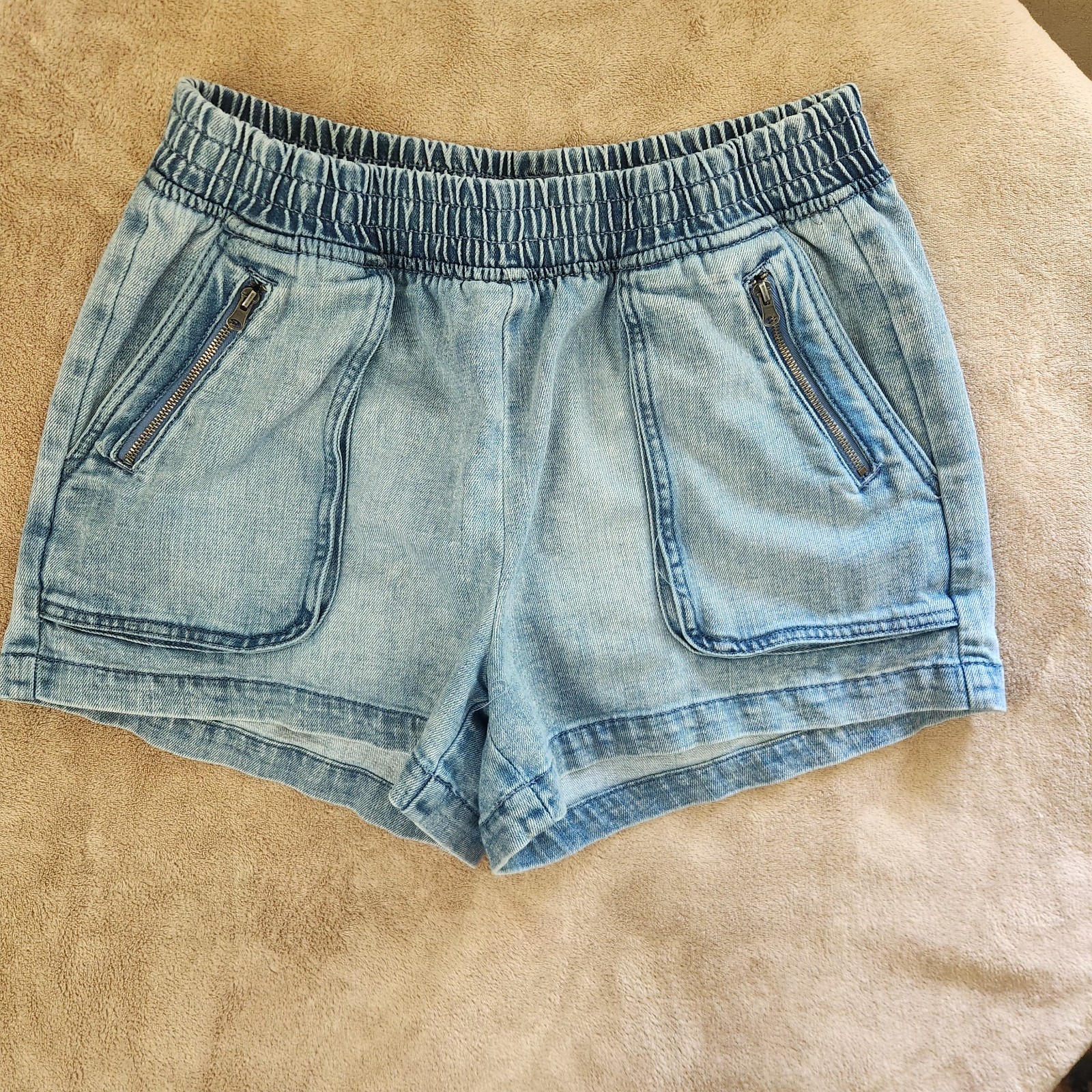 Aerie Denim Elastic Waist Shorts WMNS Size M Jean Stretch Baggy Zip Pockets EUC